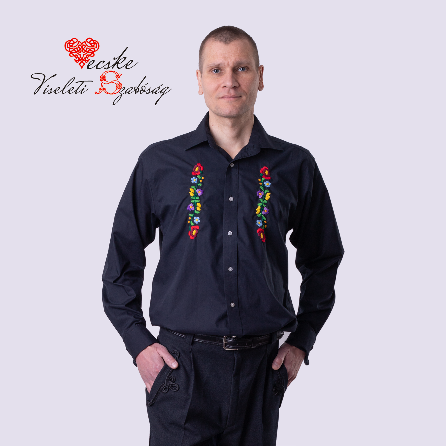 Férfi fekete kalocsai mintás ing